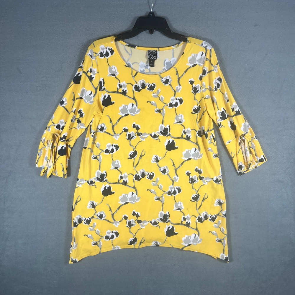 Clara Sunwoo Womens Tunic Top S Yellow Floral Sharkbite Hem 3/4 Slit Sleeve